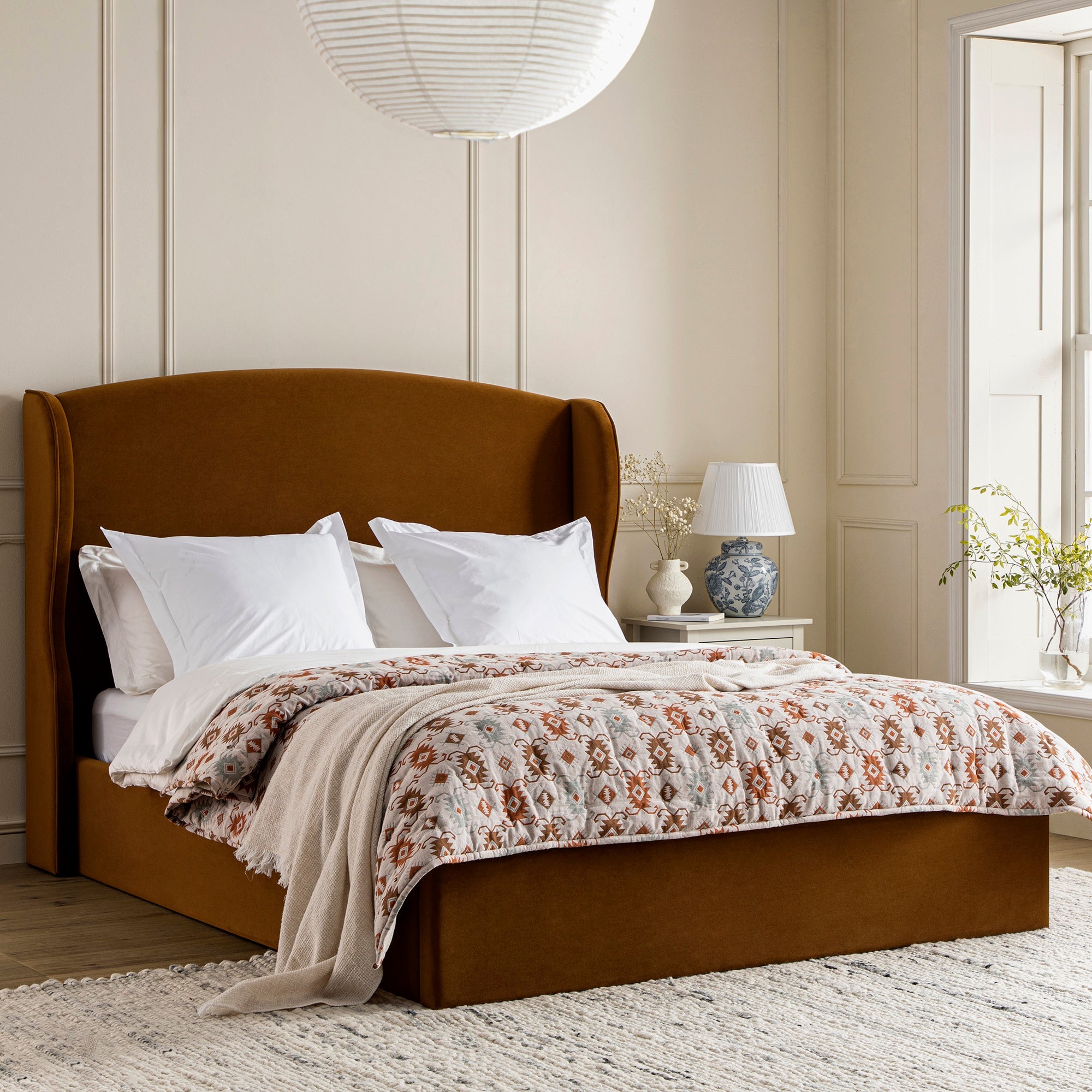Kimberly Winged Upholstered Storage Bed, Cinnamon Velvet
