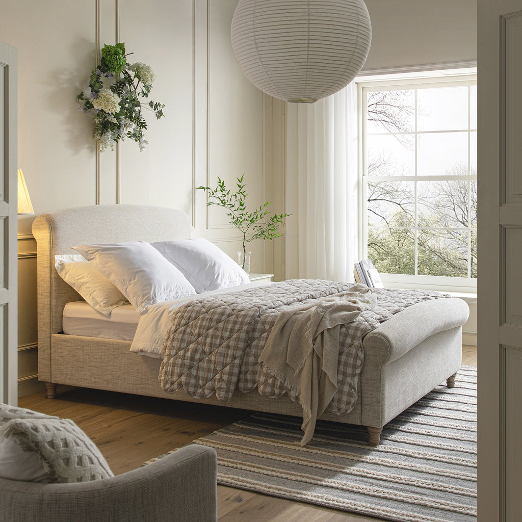 Porchester Ottoman Storage Sleigh Bed, Oatmeal Woven Textured Fabric