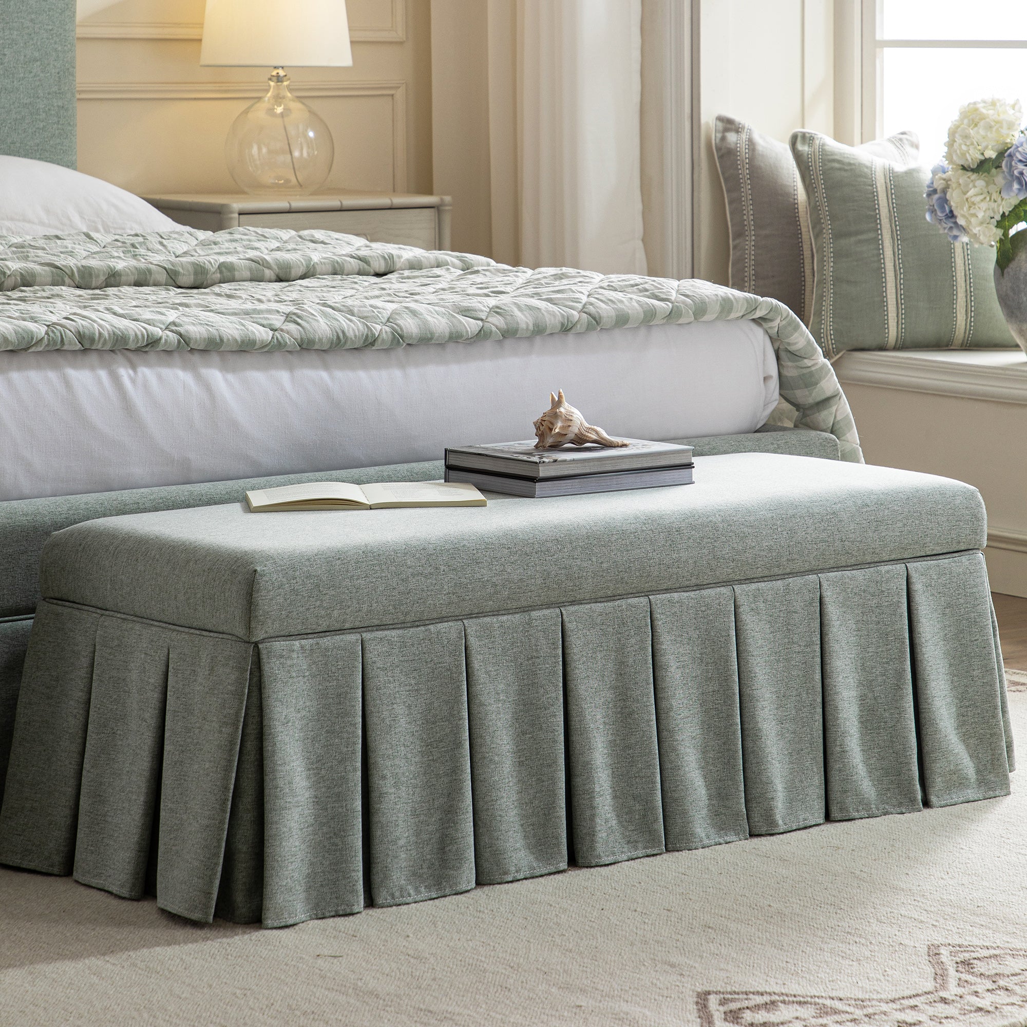 Egerton Box-Pleat Storage Bench, Pale Aqua Brushed Fabric