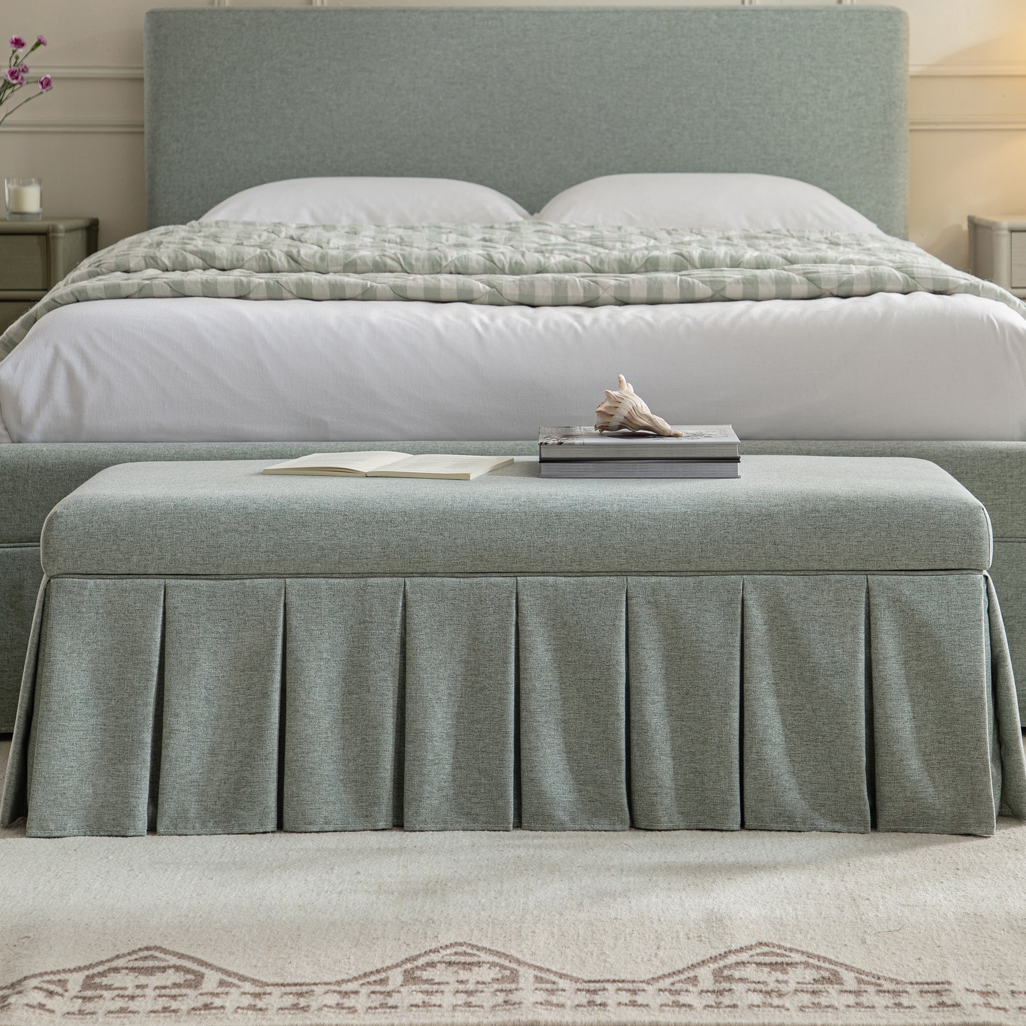 Egerton Box-Pleat Storage Bench, Pale Aqua Brushed Fabric