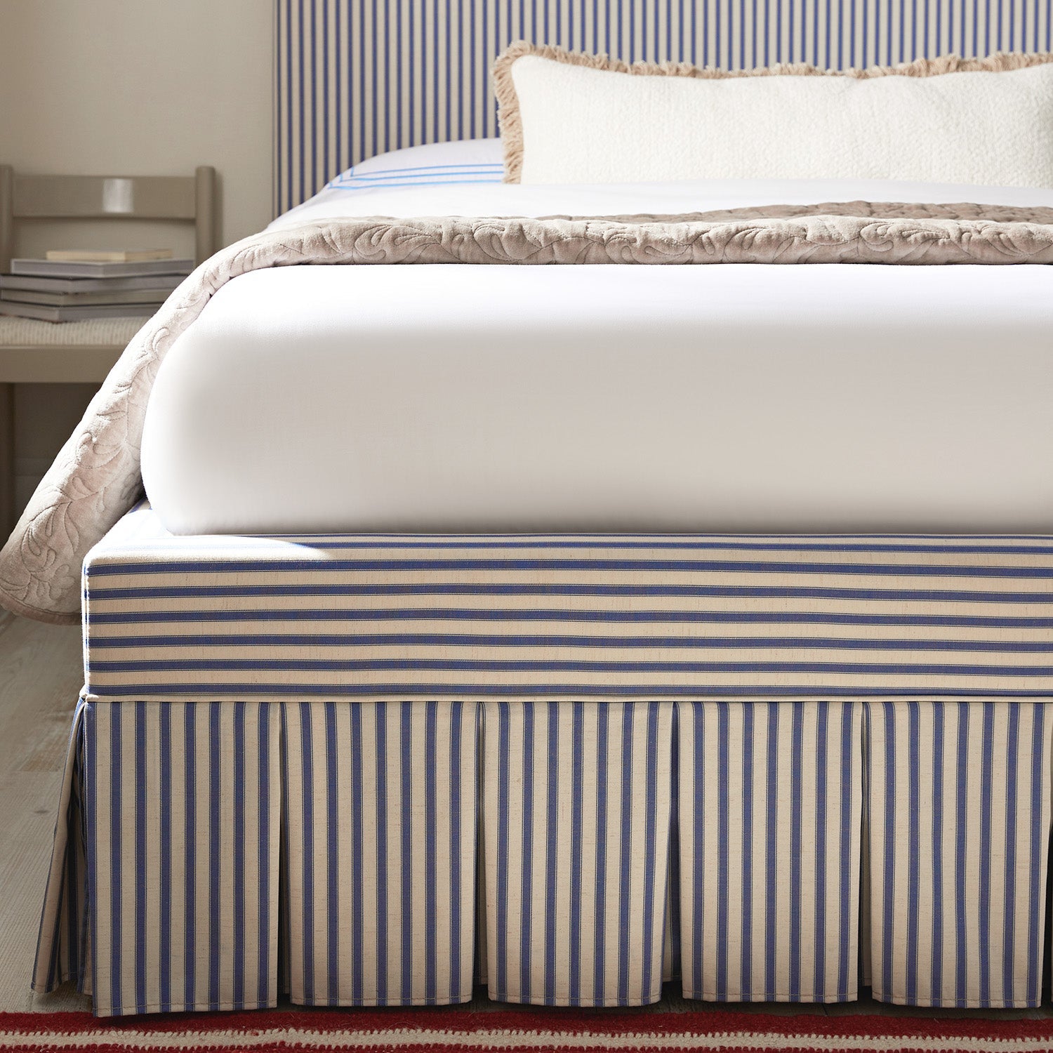 Egerton Box-Pleat Ottoman Storage Bed, Blue Striped Linen