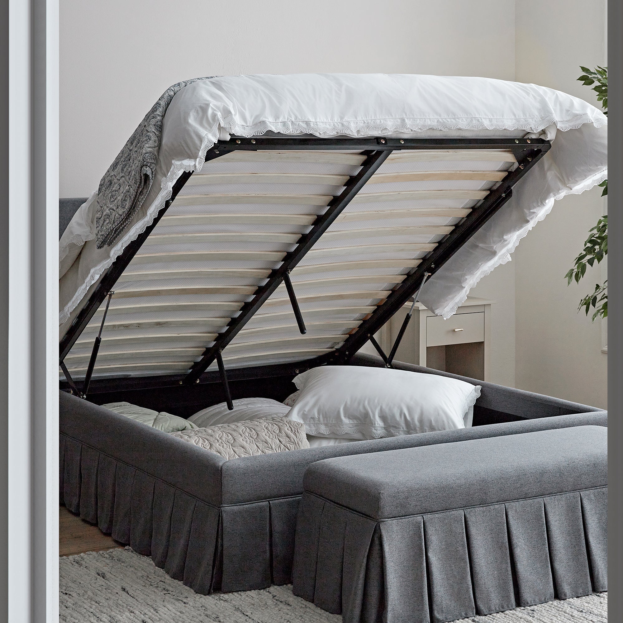 Egerton Box-Pleat Ottoman Storage Bed, Charcoal Brushed Fabric