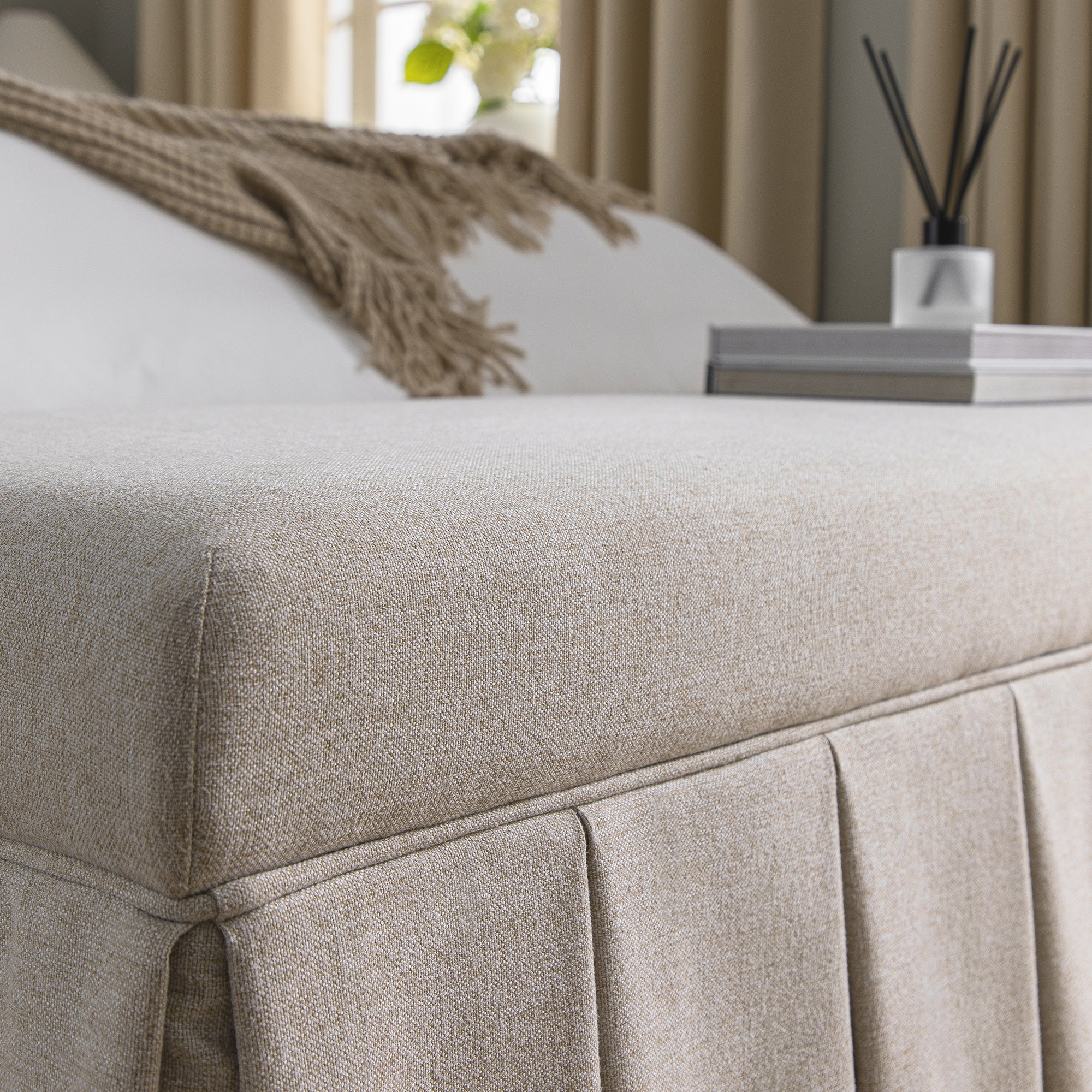Egerton Box-Pleat Storage Bench, Oatmeal Brushed Fabric